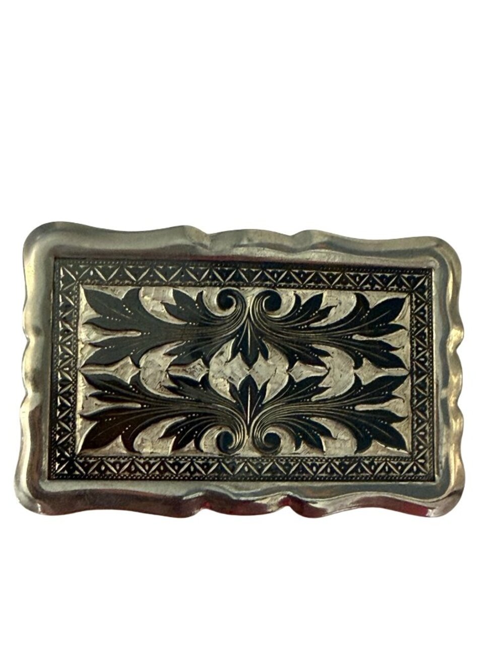 Vintage Western Floral Engraved Belt Buckle Silver Tone Rectangular Scroll Desig